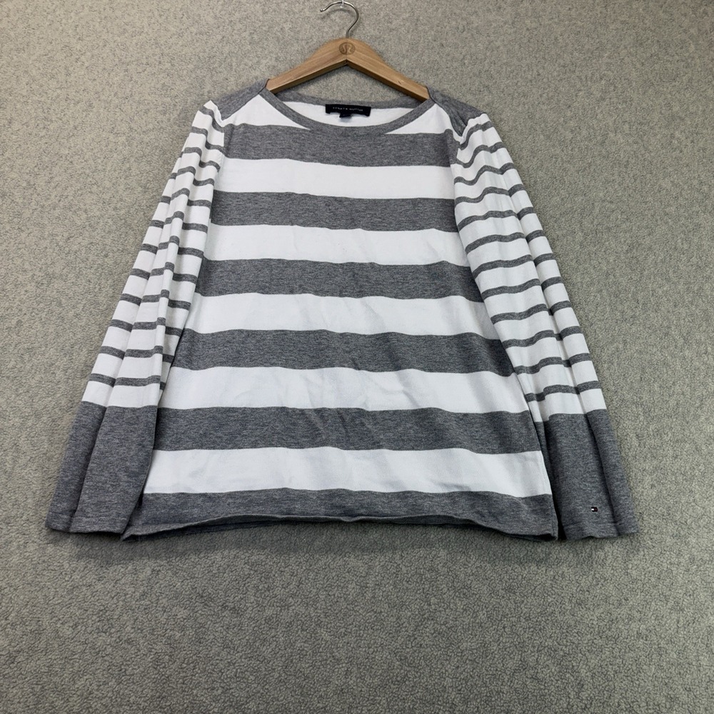 Tommy Hilfiger Sweater Womens L Gray White Striped Crewneck Long Sleeve